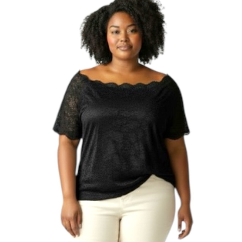 Black Floral Lace Short Sleeve Shirt Sz 5XL Boat Neck Off Shoulder Feminine Top